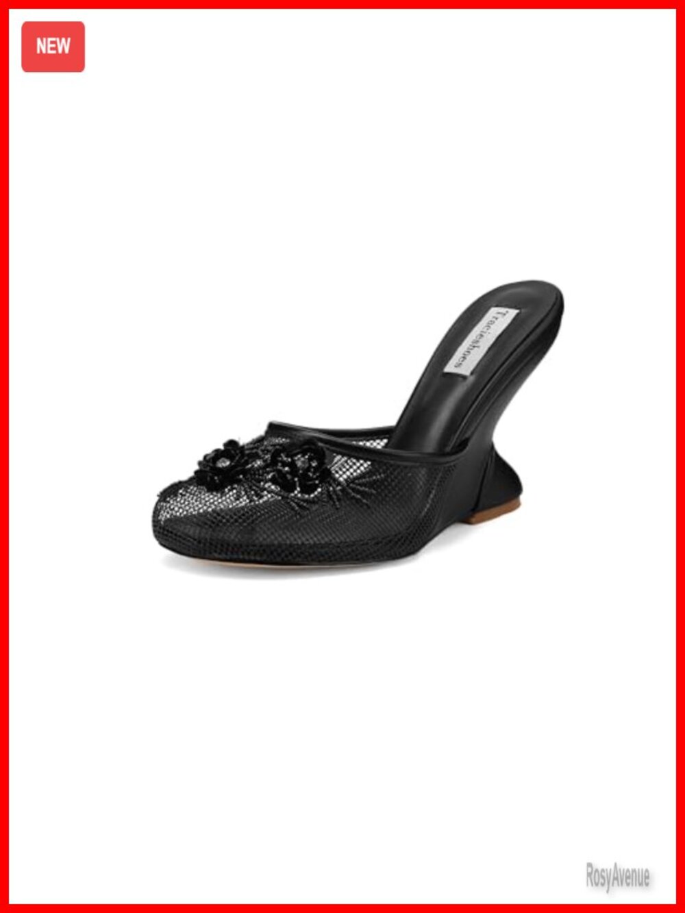 Women's Mesh Mule Slip On Sandals Floral Sequin Round Toe Wedge Heel Slides